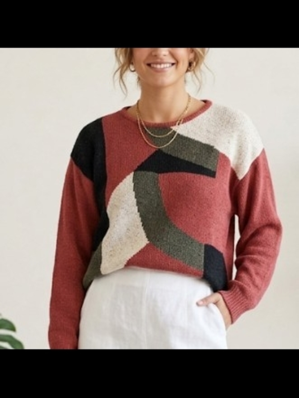 Geometric Colorblock Crewneck Sweater in Rust (Sz M) Vintage Retro Layer Knit